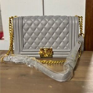 Gray Quilted Chain Shoulder Bag